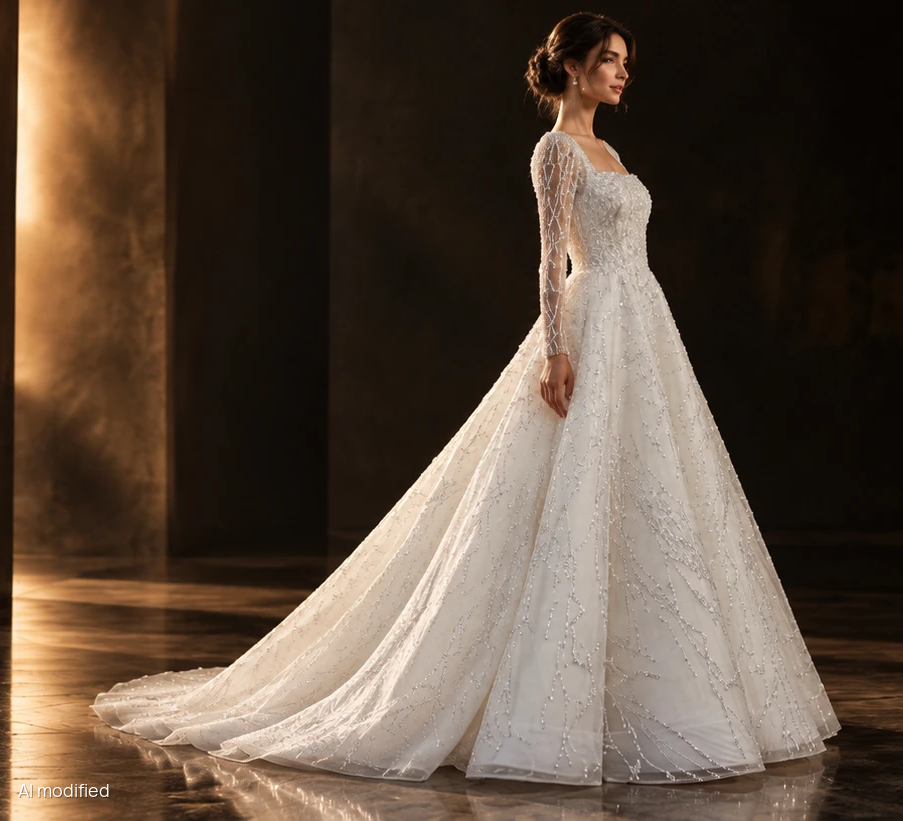 FRILISA Brautkleid La Promesse mit bestickten Ärmeln in einem historischen Saal