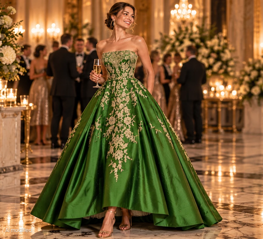 Smaragdgrünes FRILISA Abendkleid Nocturne mit goldener Stickerei